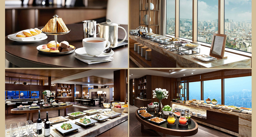 더 이그제큐티브 라운지의 시간대별 다이닝 서비스를 보여주는 4개의 이미지.- Afternoon Tea (애프터눈 티): 더 이그제큐티브 라운지 애프터눈 티 이미지로 2단 트레이에 샌드위치와 초콜릿이 담겨 있고, 그 옆에 차가 담긴 찻잔과 주전자가 보인다.- Happy Hour (해피 아워): 더 이그제큐티브 라운지 해피 아워 이미지로 전면에는 세미 뷔페와 와인이 세팅되어 있다. 뒤편에는 과일과 디저트가 놓인 테이블이 있으며, 창밖으로 야경이 펼쳐진다.- Breakfast (조식): 더 이그제큐티브 라운지 조식 이미지로 가운데 위치한 테이블 위에 다양한 주스, 패스트리류와 과일이 세팅되어 있다. 뒤편에는 샐러드, 치즈 등이 놓여있다.- Light Snack(라이트 스낵): 더 이그제큐티브 라운지 라이트 스낵 이미지로, 테이블 위에 찻잔이 주전자 및 꽃 장식과 함께 놓여있다. 뒤편으로는 벽난로와 조명 스탠드가 보인다.
