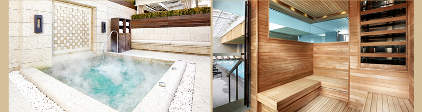 서울신라호텔 야외수영장인 어번 아일랜드에 위치한 따뜻한 느낌의 야외 자쿠지 이미지와 히노키 원목으로 구성한 핀란드 사우나 이미지