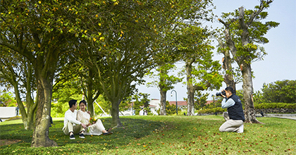 푸른 잔디밭에서 커플이 앉아있고 직원이 사진을 찍어주고 있는 이미지
