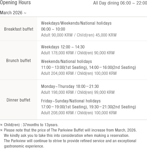 Opening Hours (See details at the bottom)