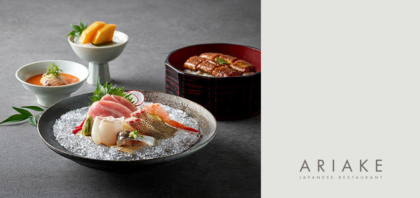 From the mid bottom to clockwise, there are Seasonal Sashimi, Cold Raw Cuttle Fish Soup, two pieces of Apple Mango, and Eel on Rice.