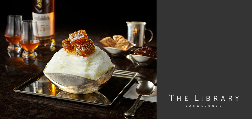 There are Honeycomb Affogato Bingsu in the center of the image followed by whisky.