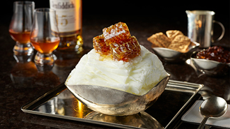 There are Honeycomb Affogato Bingsu in the center of the image followed by whisky.
