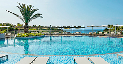 달빛 아래 은은한 조명이 켜진 어덜트 풀이 보이는 이미지