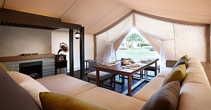 Image of glamping interior with table set with wine glasses and plates, fireplace, LP records, and sofa