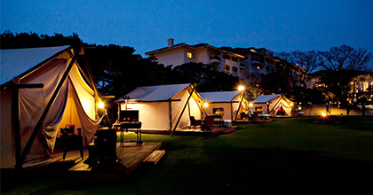 Image of outdoor glamping site illuminated at night against the evening sky