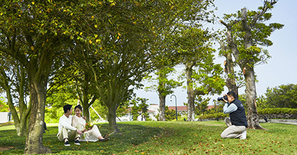 Image of staff photographer capturing a couple seated on the lawn at Soombi Garden