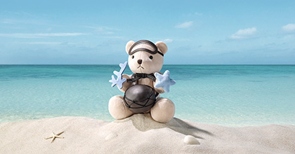 Image of Shilla Bear doll holding tewak and starfish at the beach
